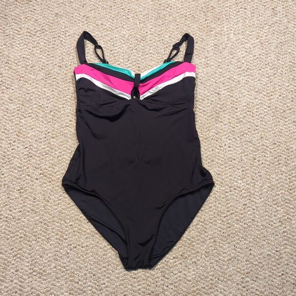 Trina Turk One Piece Swimsuit Swimwear 8 Black Cutout Keyhole Tie Back Bow - Picture 1 of 7